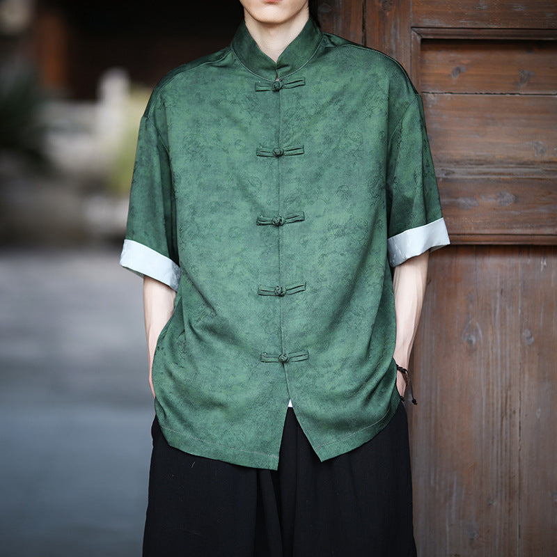 Summer Chinese Tang Suit Shirt Mens Stand Collar Short Sleeve Hanfu