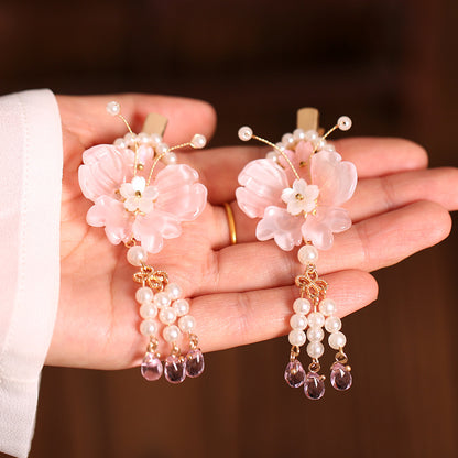 Kids Hair Clips Pink Hanfu Headwear Fairy Style Chinese Vintage Double Clip