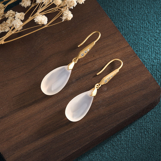 Classical Chinese Earrings | Elegant Agate Chalcedony Silver Jewelry for Women