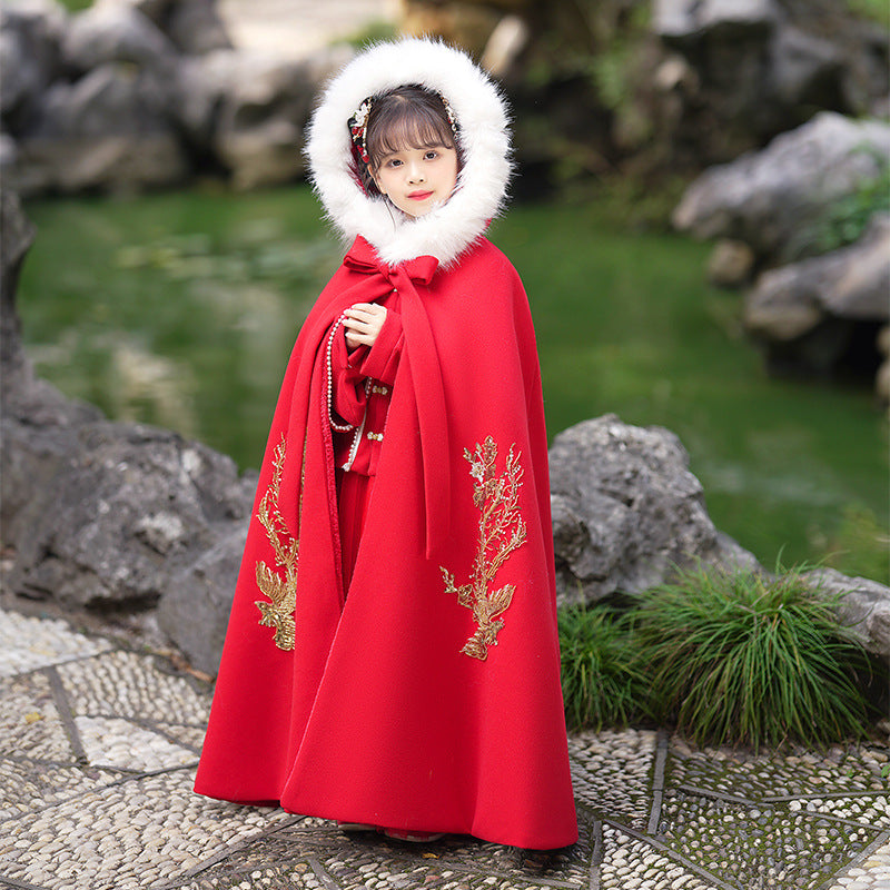 Girls' Winter Hanfu Cloak with Fur Collar Hooded Fairy Cape