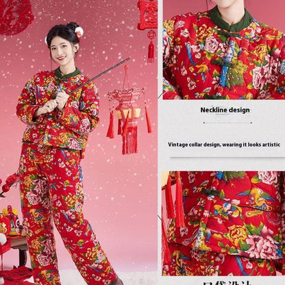 Northeast Floral Winter Jacket Women Thick Ethnic Cotton Coat Set