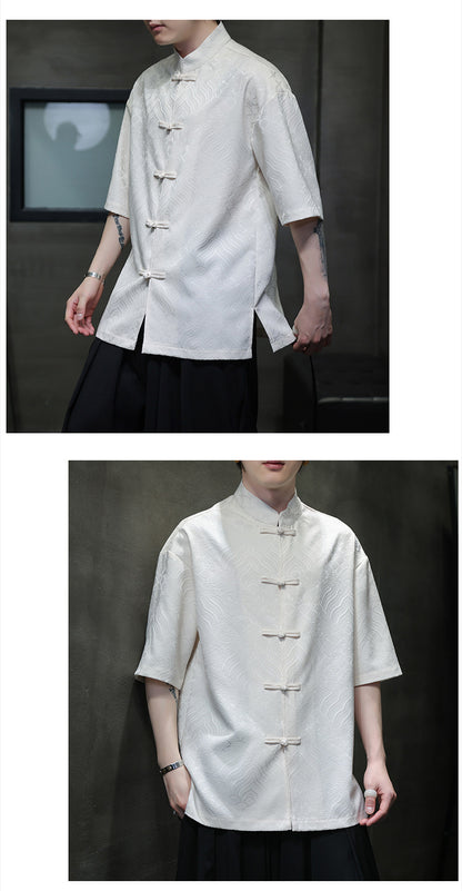 New Chinese Style Tang Shirt — Men’s Short-Sleeve Retro Button-Up Top