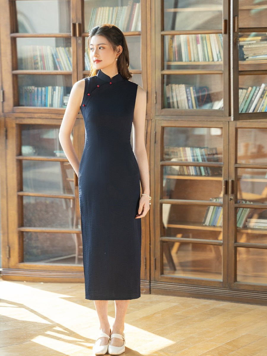 Navy Blue Sleeveless Cheongsam – Youth Slim Daily Dress