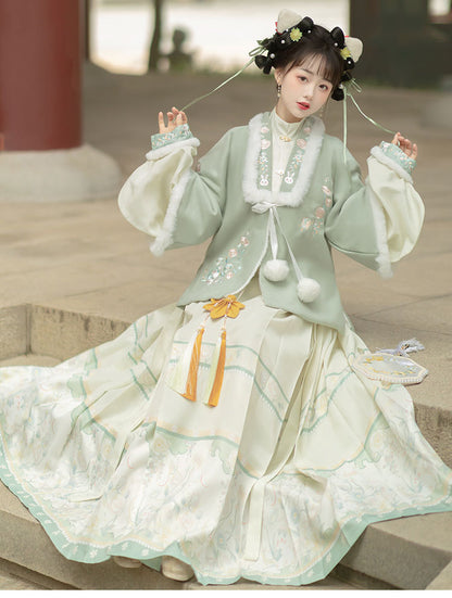 Trees of Sea Women Ming Hanfu Set: Embroidered Stand Collar Jacket & Horse Face Skirt New Year