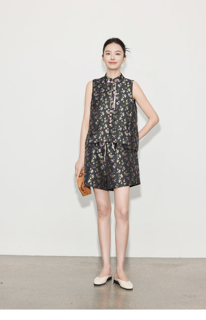 Light National Style Jacquard Sleeveless Vest & High Waist Shorts