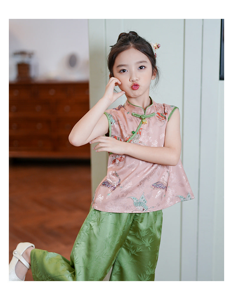 Retro Chinese Style Girls Two-Piece — Summer Cheongsam Top & Skirt