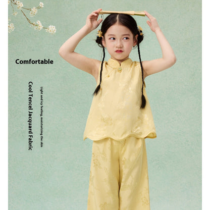National Style Hanfu-Inspired Summer Set — Top & Pants for Children