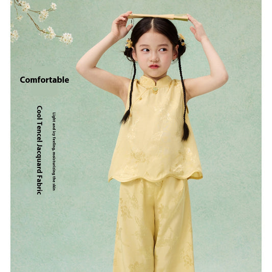 National Style Hanfu-Inspired Summer Set — Top & Pants for Children