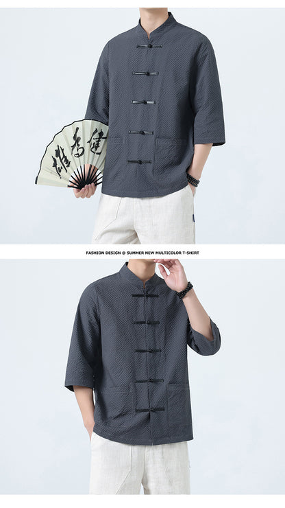 Mens Chinese Cotton Linen Shirt Retro Stand Collar Tang Suit Top