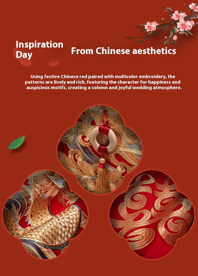 Luxury Red Cotton Wedding Bedding 4-Piece Embroidered Set