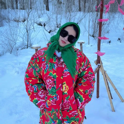 Festive Northeast Large Floral Cotton Jacket Loose Winter Coat