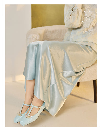 Autumn Button-Up Stand Collar National Style Top & Skirt Set