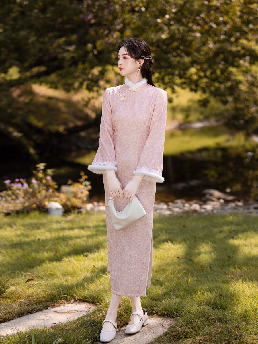 2025 New Pink Chinese Style Qipao | Warm Elegant Thickened Winter Dress