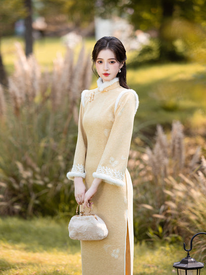 Long Sleeve Crystal Velvet Qipao | Winter Thickened Fleece Lined Dress