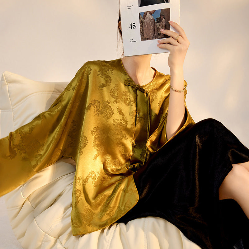 New Chinese Old Money Style Dragon Embroidered Acetate Luxury Coat