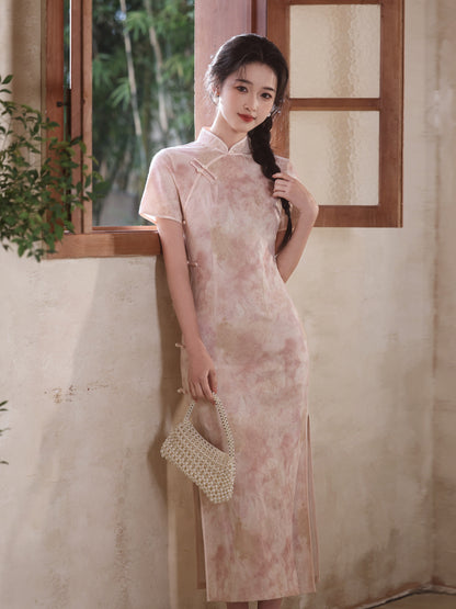 National Style Long Cheongsam – Elegant Short Sleeve Dress