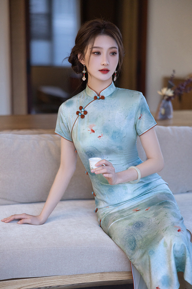 Elegant Blue Cheongsam – Daily Wear 2025 Spring Dress