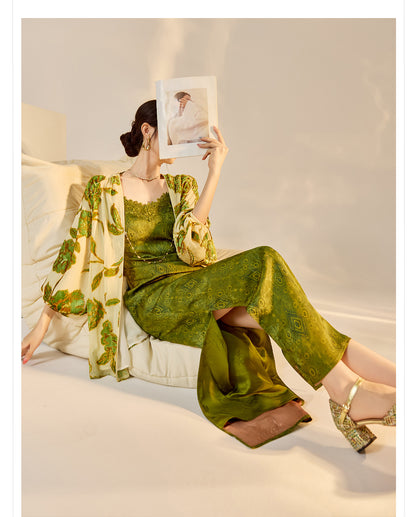 Velvet Burnout Jacket & Printed Cardigan Dress Set for Autumn