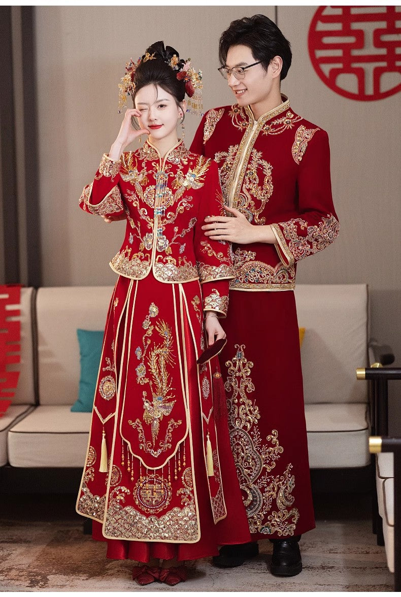 Chinese Wedding Xiuhe Dress Bride Velvet Toast Suit Set