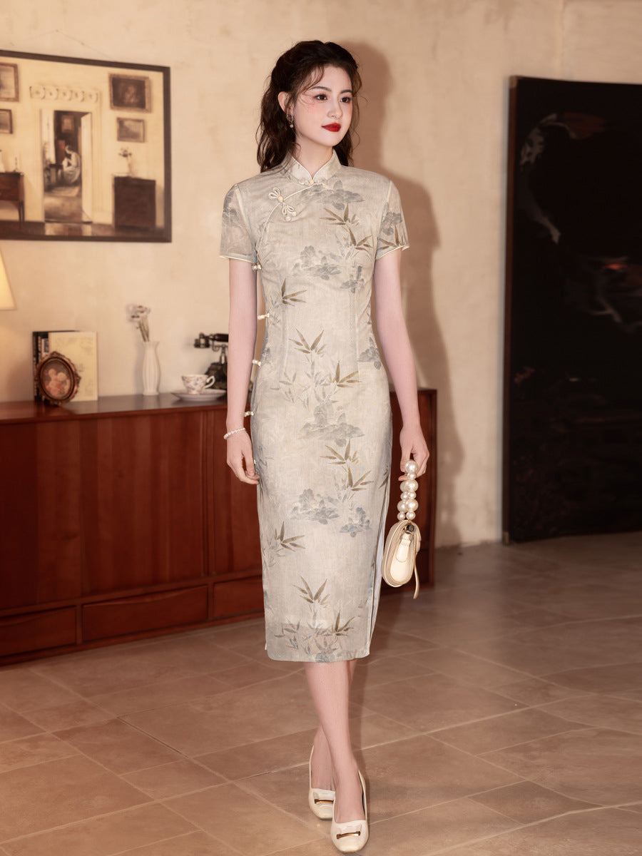 Elegant Dark Green Cheongsam – Retro Spring High-End Dress