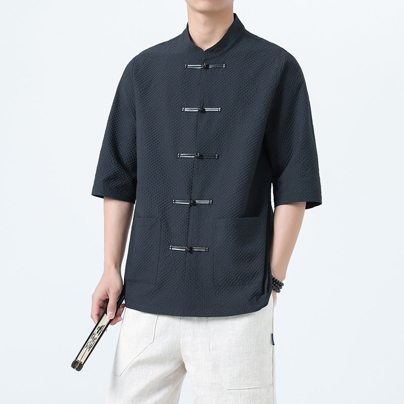 Mens Chinese Cotton Linen Shirt Retro Stand Collar Tang Suit Top