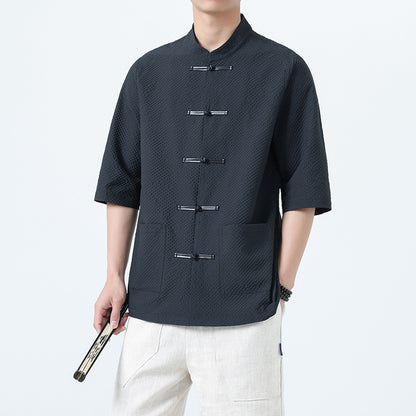 Mens Chinese Cotton Linen Shirt Retro Stand Collar Tang Suit Top