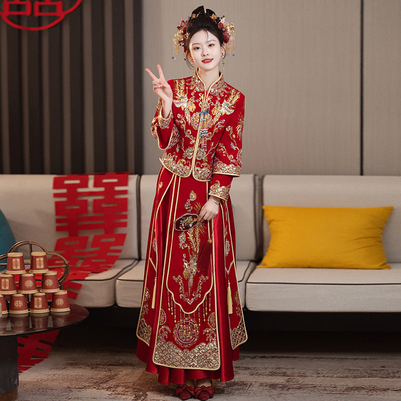 Chinese Wedding Xiuhe Dress Bride Velvet Toast Suit Set