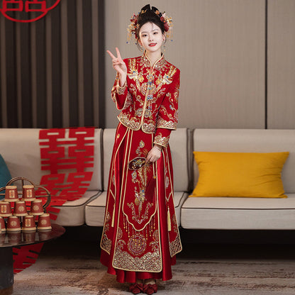 Chinese Wedding Xiuhe Dress Bride Velvet Toast Suit Set