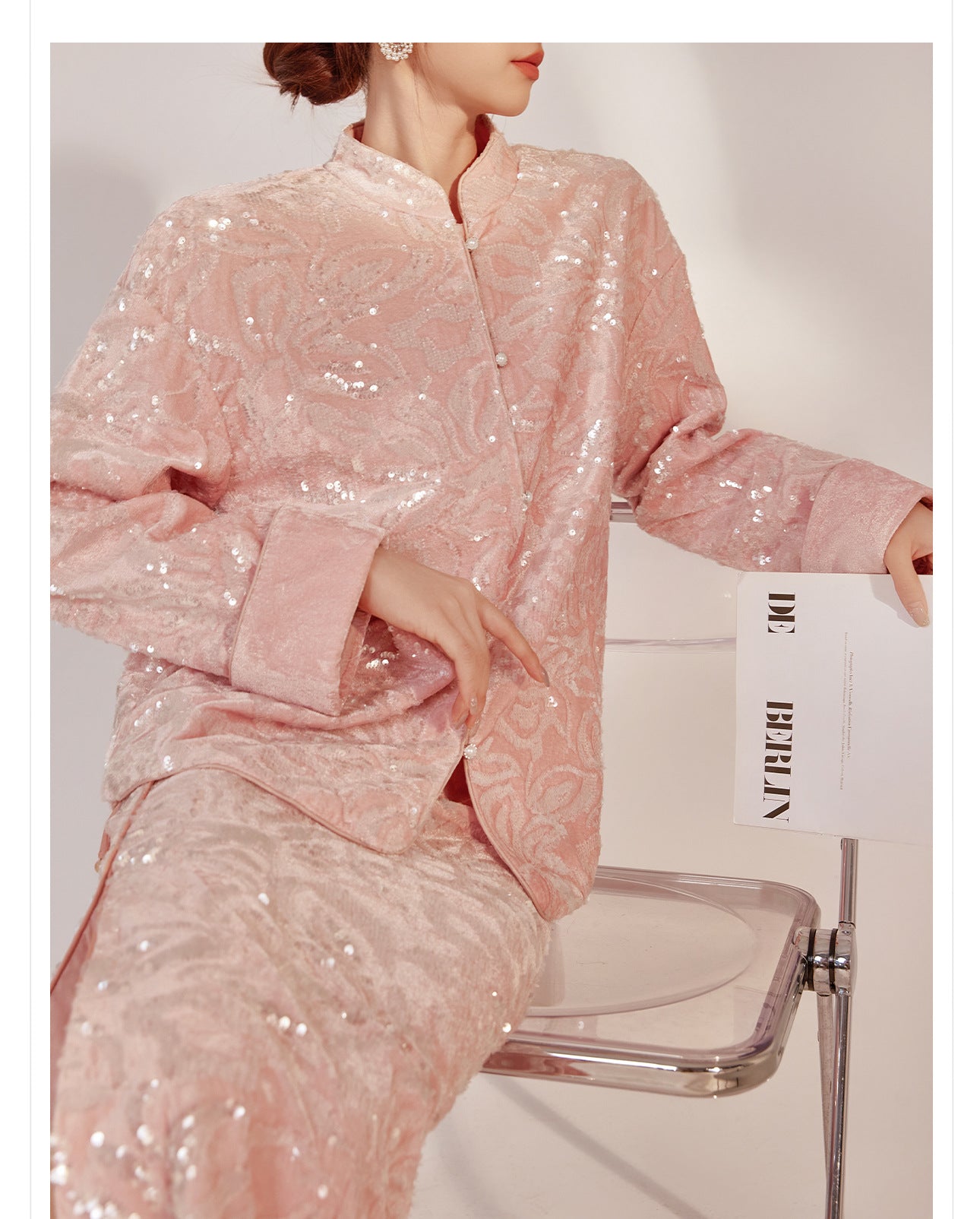 New Chinese Satin Floral Sequin Button Light Luxury Loose Coat