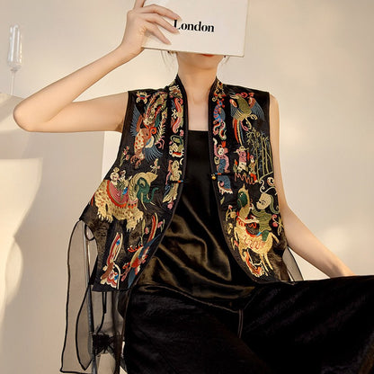 2026 New Chinese Style Silk Embroidered Mesh Patchwork Vintage Vest