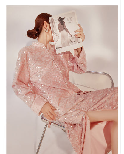 New Chinese Satin Floral Sequin Button Light Luxury Loose Coat