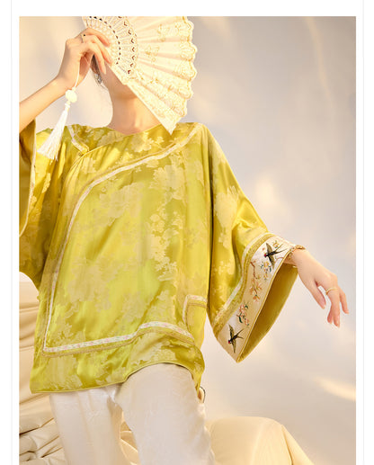 Elegant Yellow Jacquard Rayon Shirt New Chinese Style Top 2026