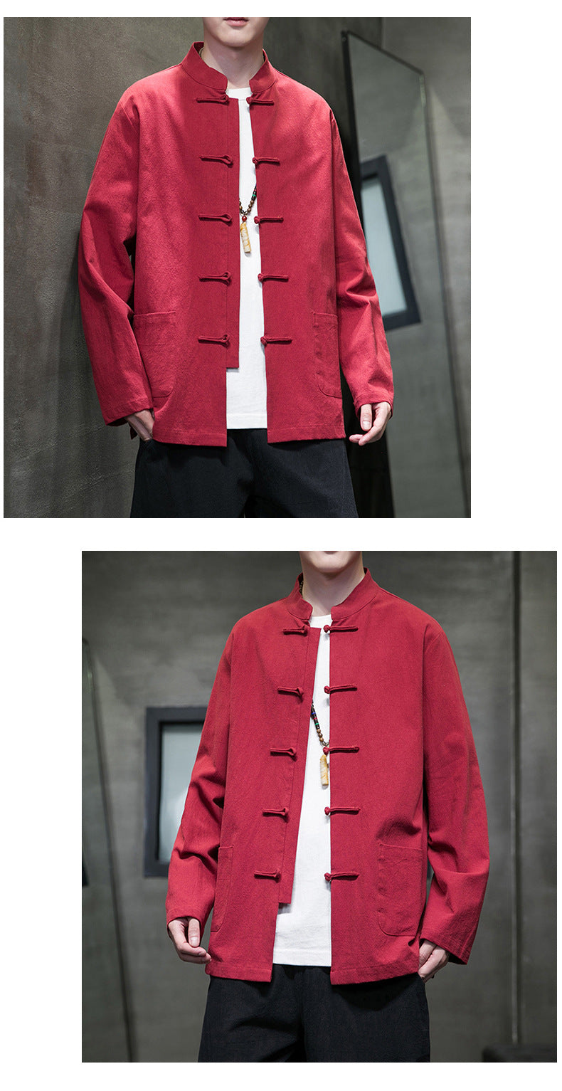 Mens Autumn Chinese Style Hanfu Tang Suit Button Up Cotton Linen Top