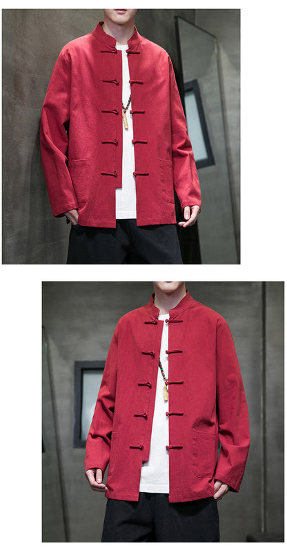 Mens Autumn Chinese Style Hanfu Tang Suit Button Up Cotton Linen Top