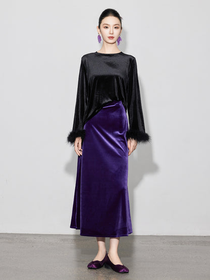 Chic Vintage High-Waist Velvet Long Skirt