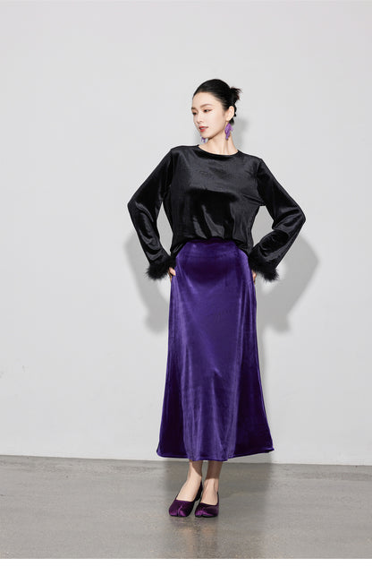 Chic Vintage High-Waist Velvet Long Skirt