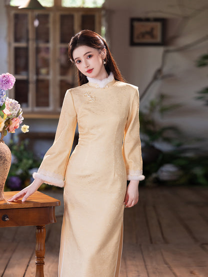 Yellow Fleece-Lined Winter Qipao | Thickened Long-Sleeve Retro Dress 2025