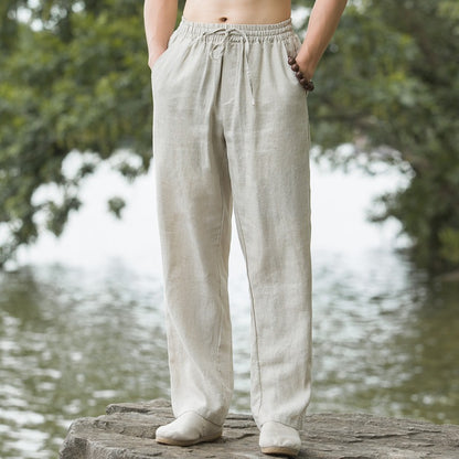 Mens Summer Thin Breathable Linen Pants Cotton Linen Wide Leg Casual