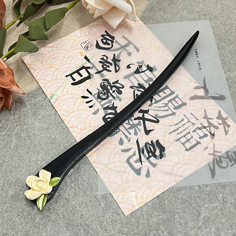 Ink Blue Magnolia Hairpin | New Chinese Style Elegant Wooden Accessory