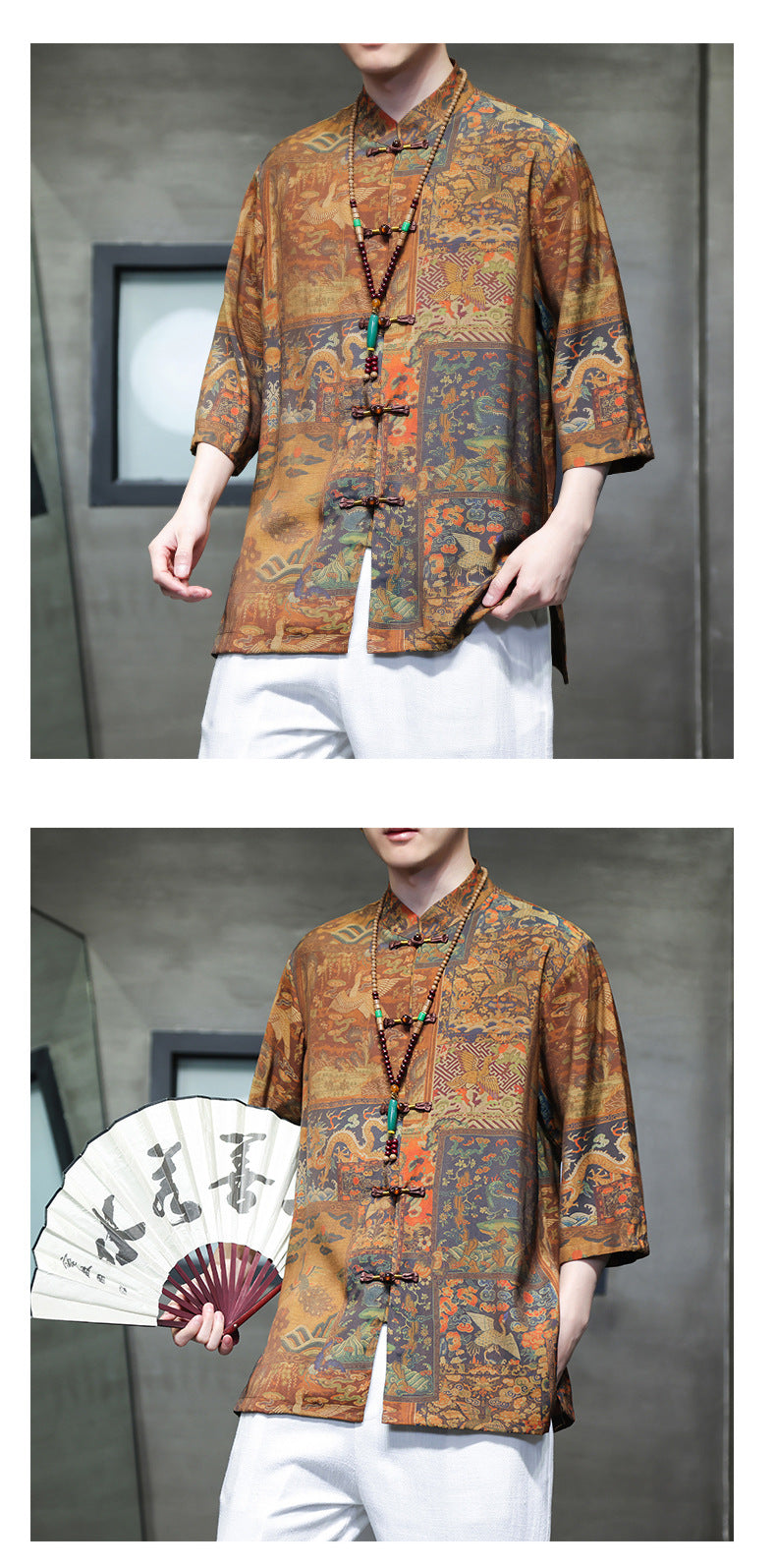 Mens Summer Chinese Tang Shirt Three Quarter Sleeve Fashion Trendy