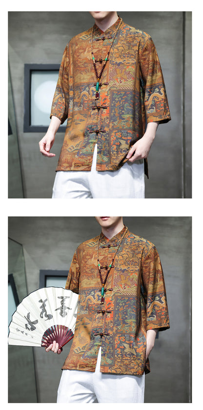 Mens Summer Chinese Tang Shirt Three Quarter Sleeve Fashion Trendy