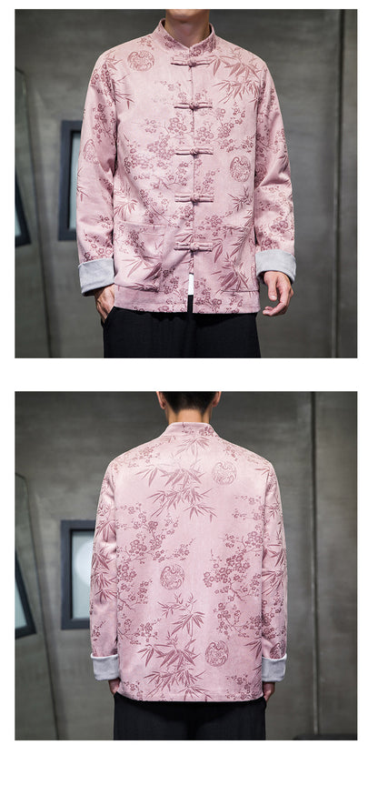 Chinese Style Mens Retro Tang Suit Button Printed Velvet Coat