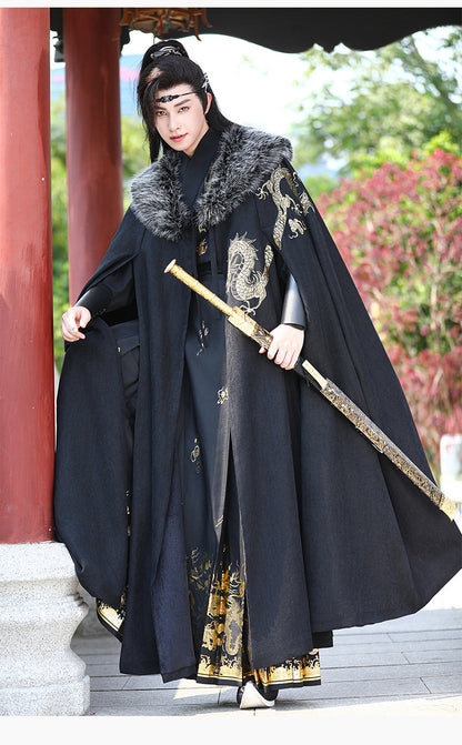 Men's Fleece-Lined Fur Collar Cloak New Chinese Style Winter Hanfu