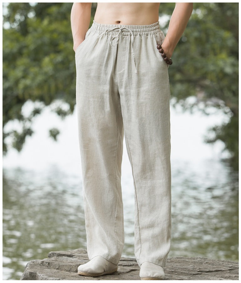 Mens Summer Thin Breathable Linen Pants Cotton Linen Wide Leg Casual
