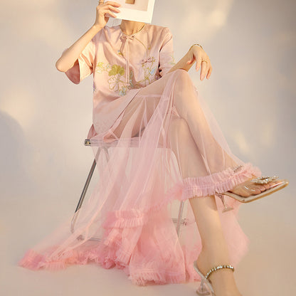 Summer New Chinese Style Embroidered Printed Top and Skirt Set