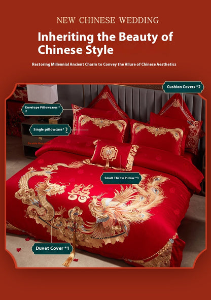 Luxury Red Cotton Wedding Bedding 4-Piece Embroidered Set