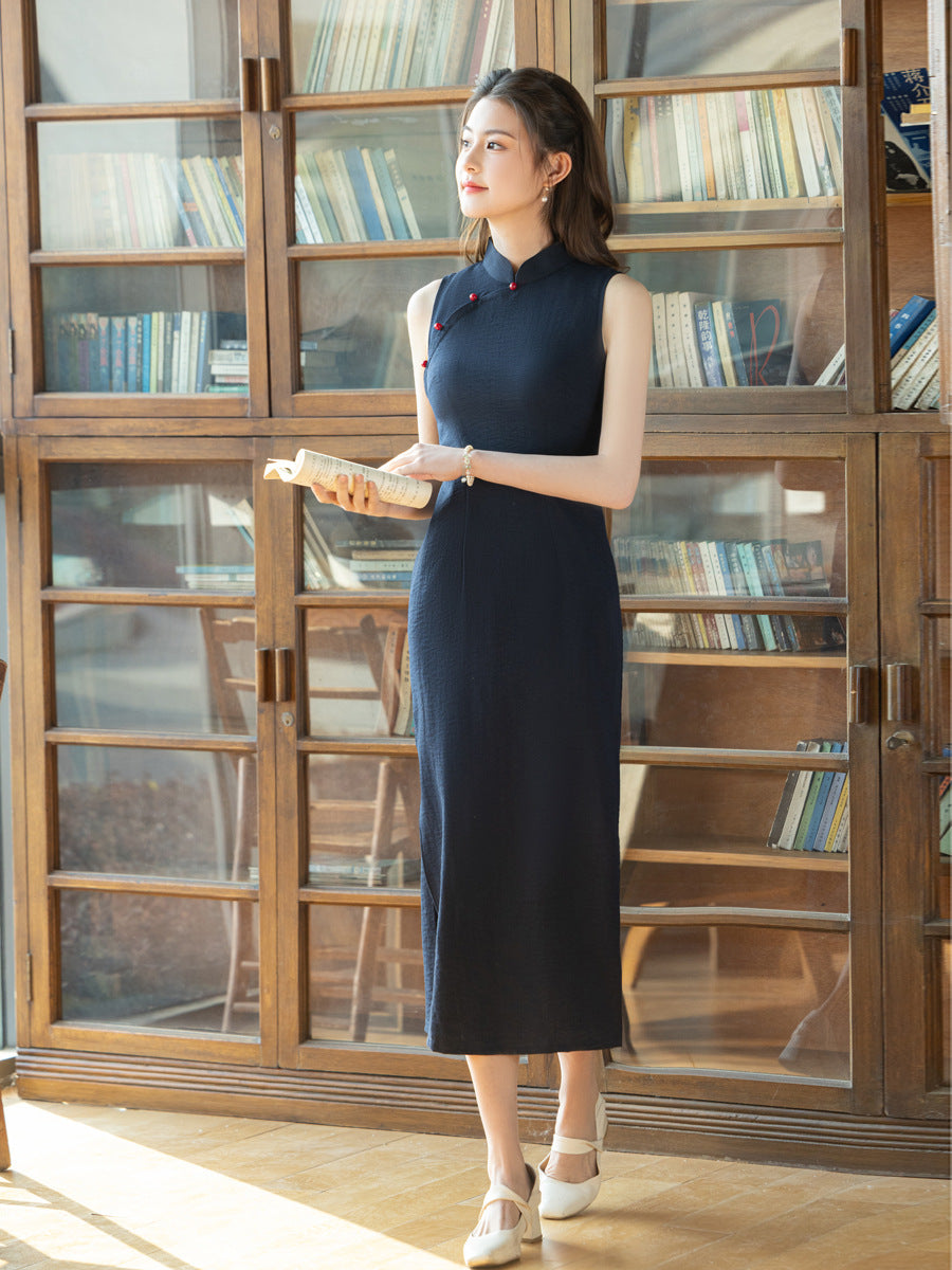 Navy Blue Sleeveless Cheongsam – Youth Slim Daily Dress