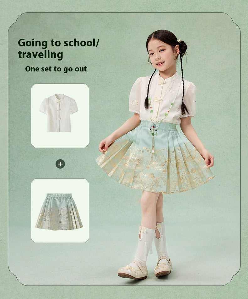 Girls Summer Hanfu Set — Short Sleeve Shirt & Mamian Skirt Two-Piece
