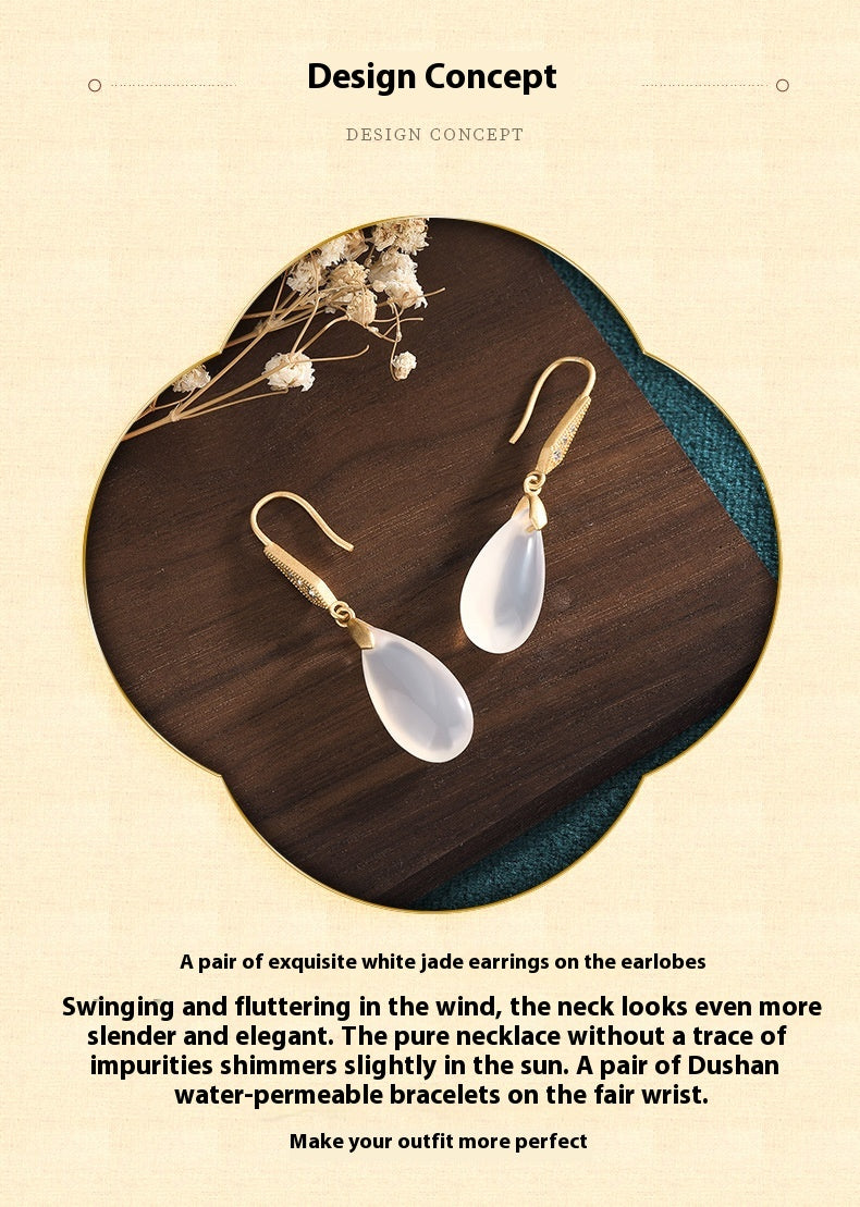 Classical Chinese Earrings | Elegant Agate Chalcedony Silver Jewelry for Women