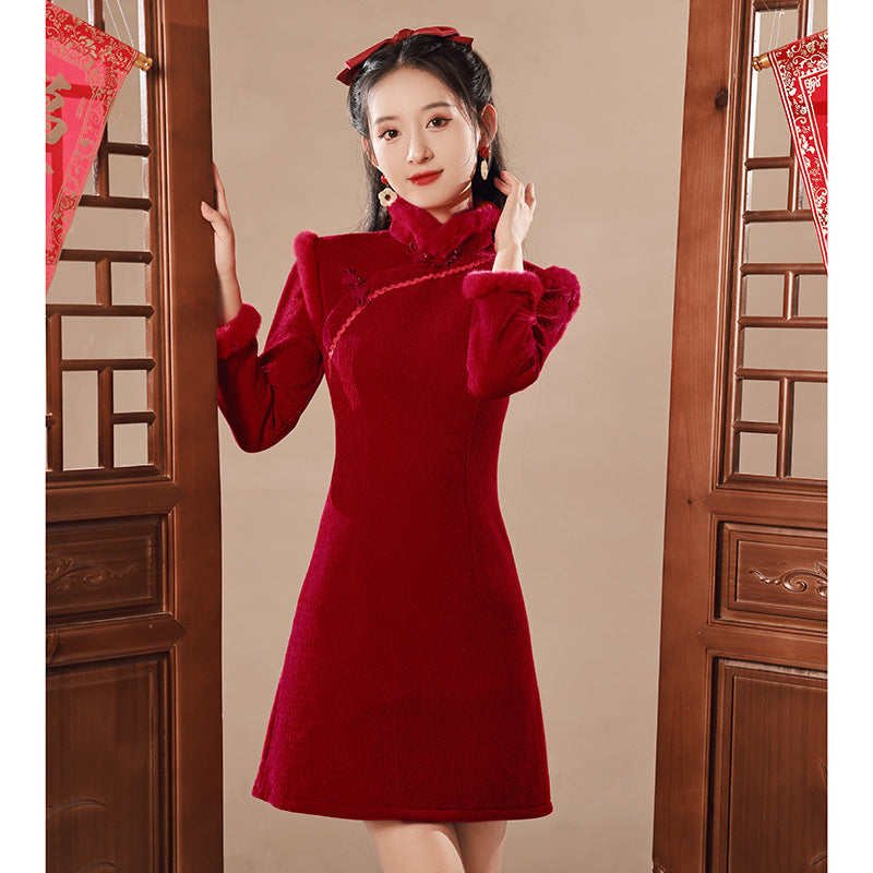 Red Winter Short Qipao Jacket | Fleece-Lined Thickened New Year Dress